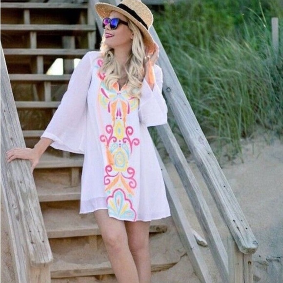 Lilly Pulitzer Ellie Tunic Dress Resort Embroidered Tassels White Neon - Picture 1 of 16